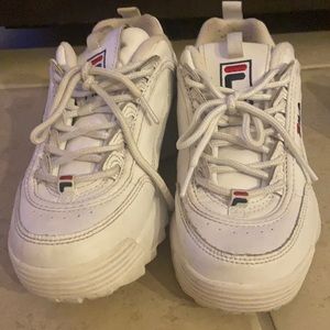 Women's Fila Disruptor Sneakers in White/Navy/Red